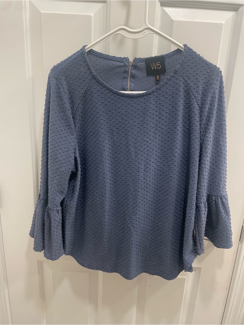 W5 Dusty Blue Textured Dot Bell Sleeve Top